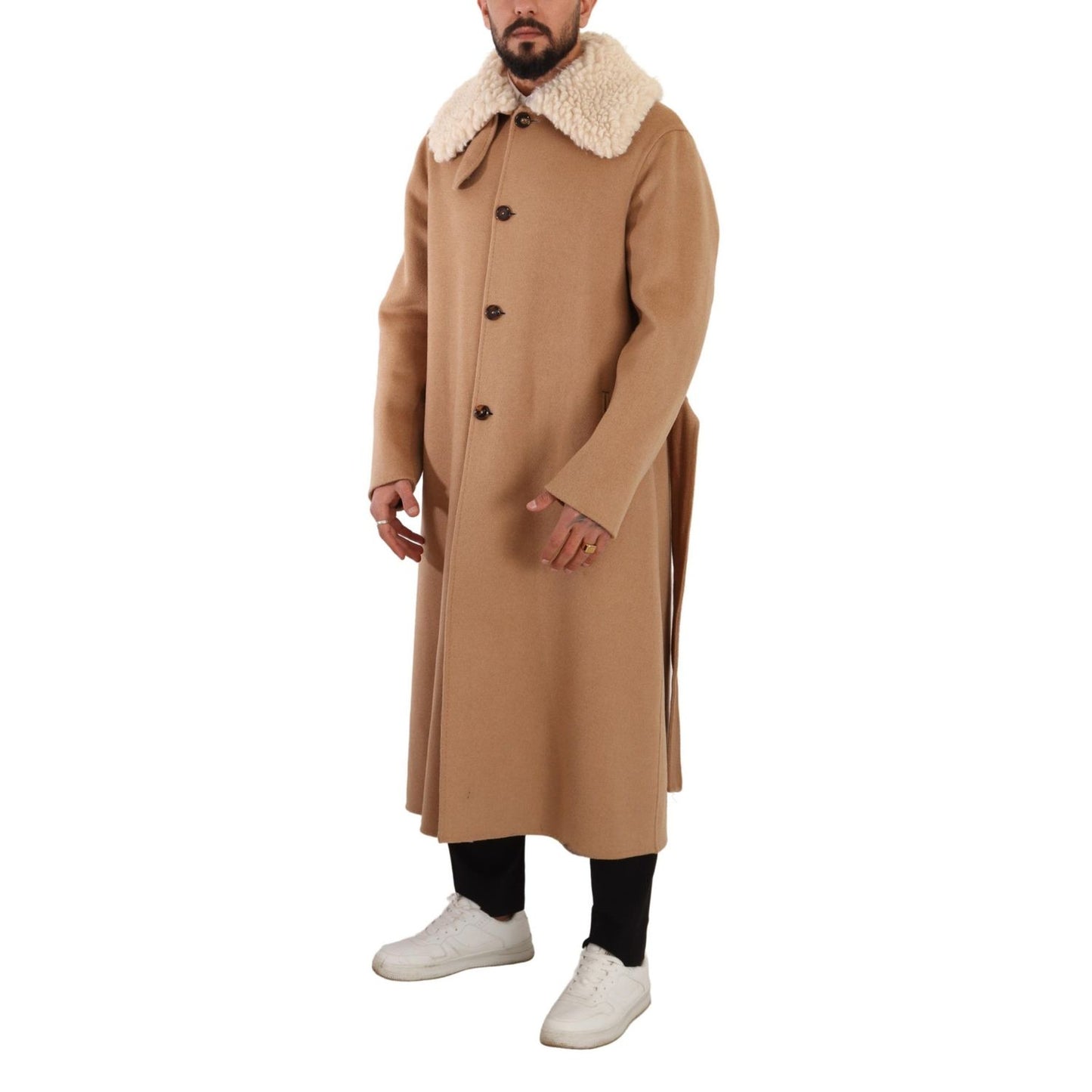 Dolce & Gabbana Beige Camel Skin Cashmere Shearling Overcoat Jacket