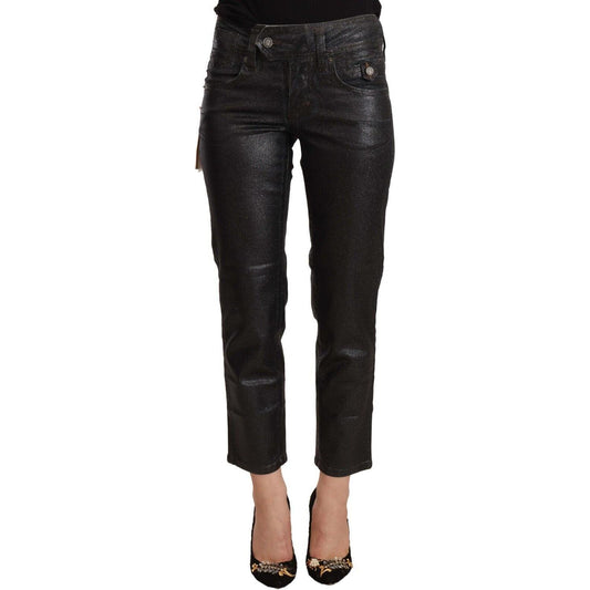John Galliano Black Glittered Mid Waist Cotton Cropped Pants