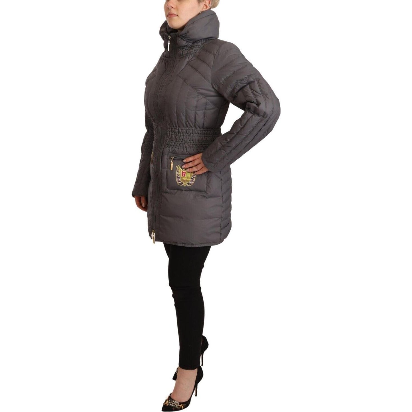 Roccobarocco Elegant Quilted Long Jacket with Logo Patch Roccobarocco