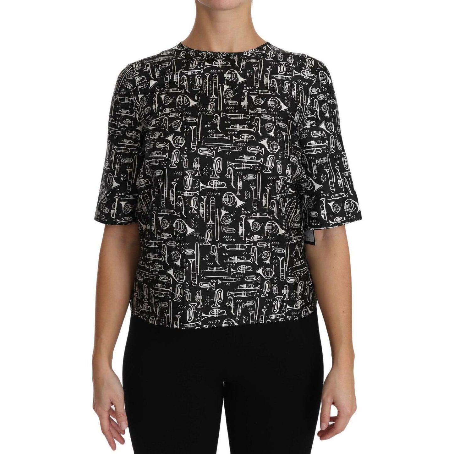 Dolce & Gabbana Black Musical Instruments Print Silk Blouse