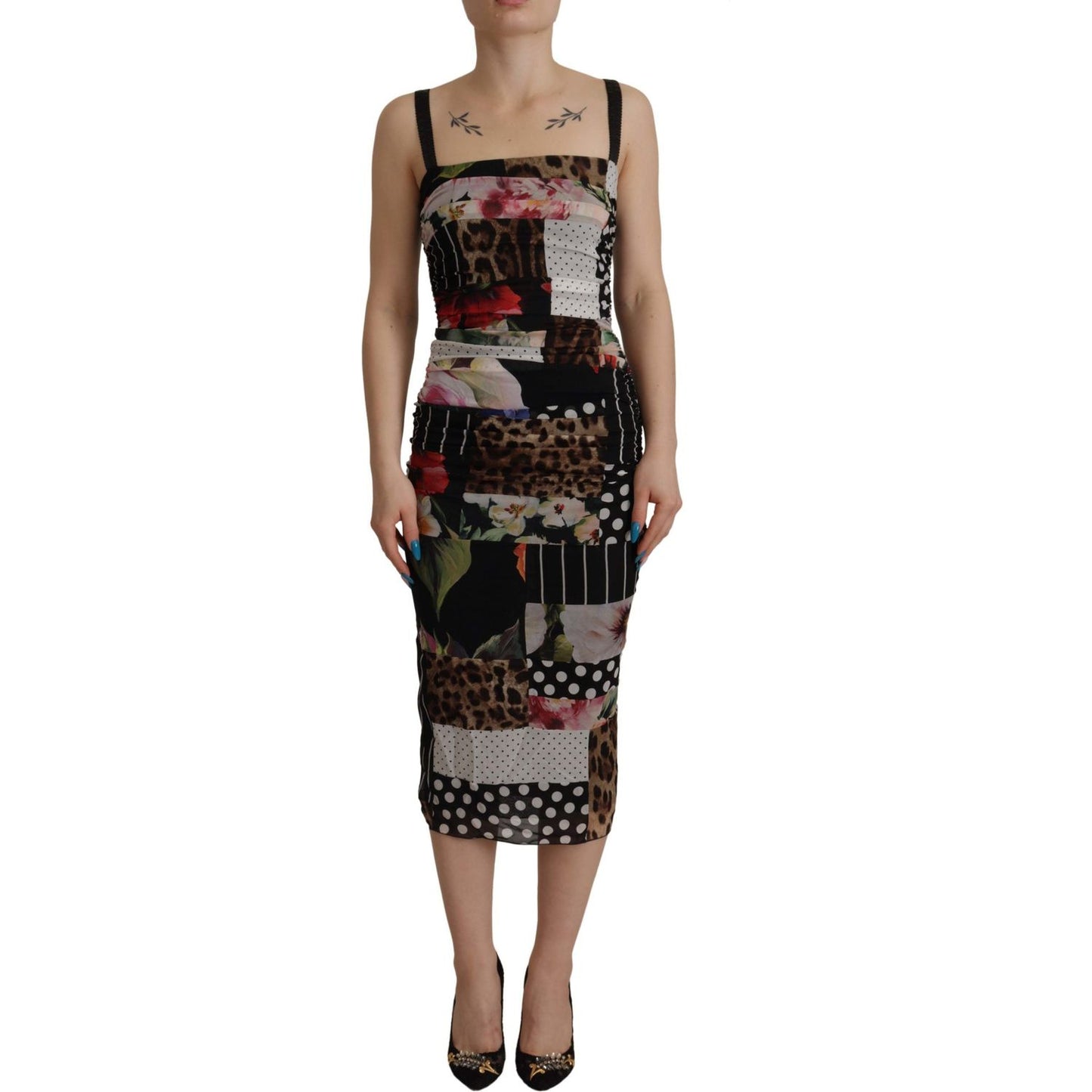 Dolce & Gabbana Multicolor Pachwork Midi Floral Silk Leopard Bodycon Dress