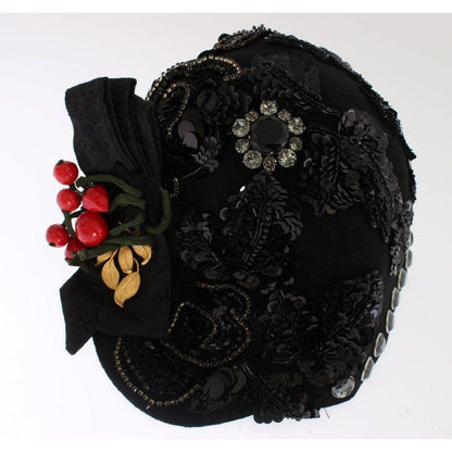 Dolce & Gabbana Black Crystal Gold Cherries Brooch Hat