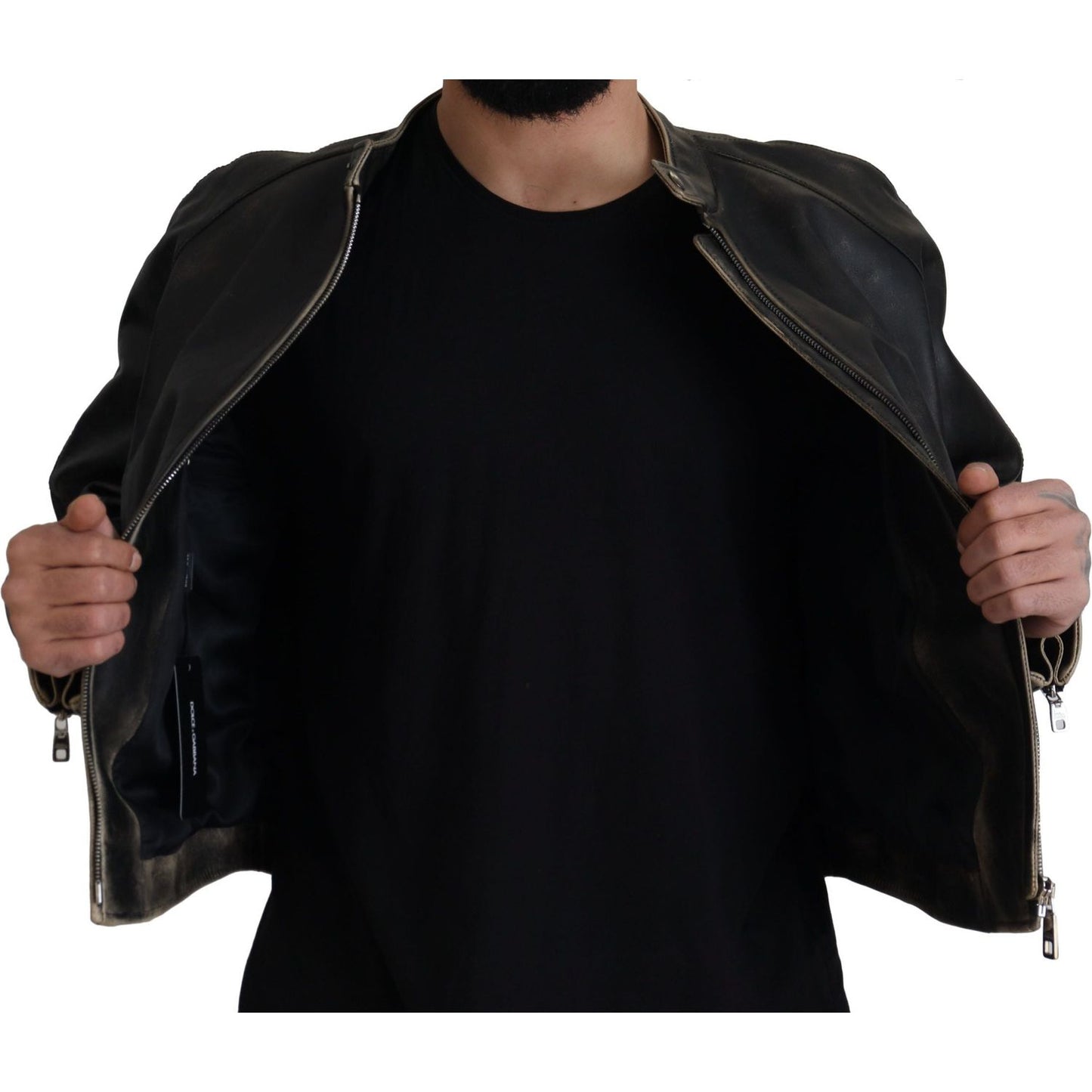 Dolce & Gabbana Black Leather Zipper Biker Coat Jacket