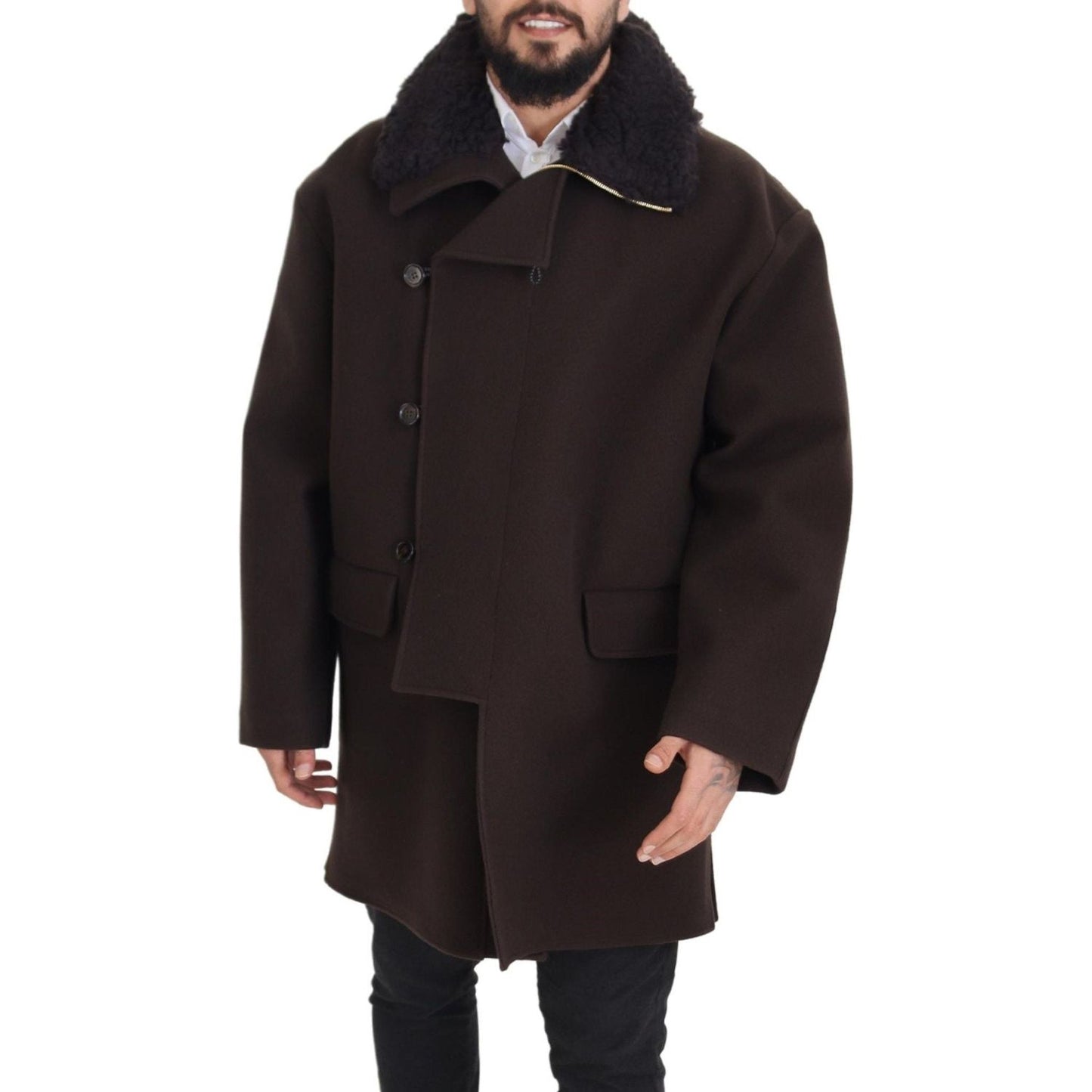 Dolce & Gabbana Elegant Dark Brown Shearling Coat Jacket Dolce & Gabbana