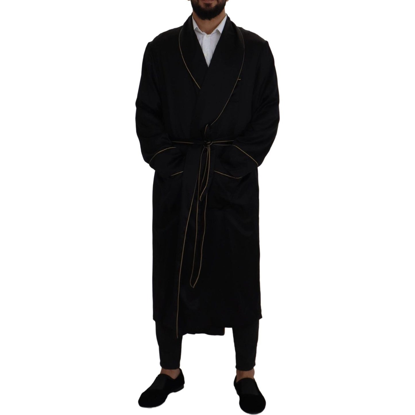 Dolce & Gabbana Black 100% Silk Robe Coat Wrap Jacket
