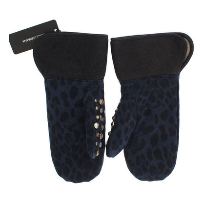 Dolce & Gabbana Gray Wool Shearling Studded Blue Leopard Gloves