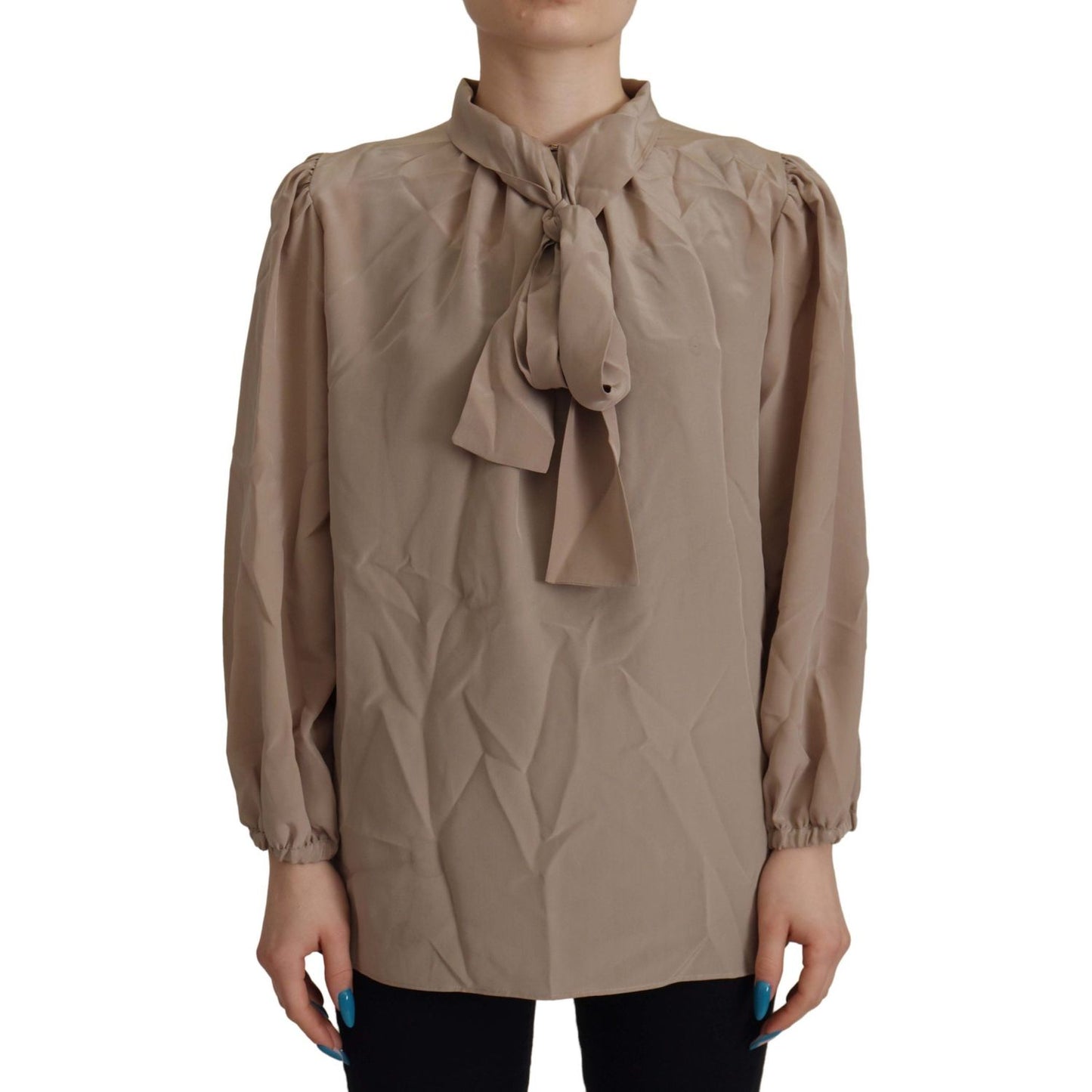 Dolce & Gabbana Brown Waistband Sleeves Ascot Collar Top Blouse