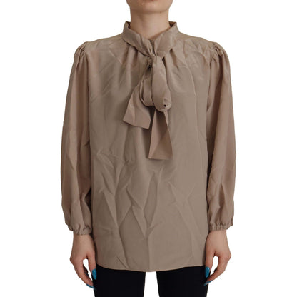 Dolce & Gabbana Brown Waistband Sleeves Ascot Collar Top Blouse