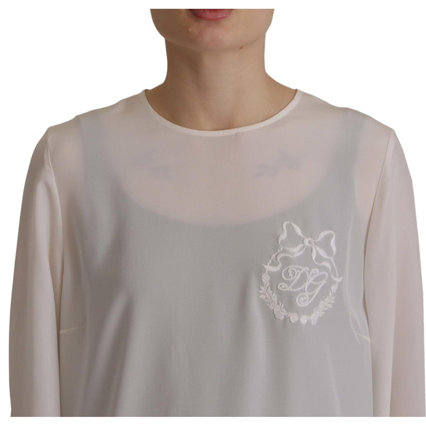 Dolce & Gabbana White Silk DG Logo Embroidered Long Sleeves Blouse