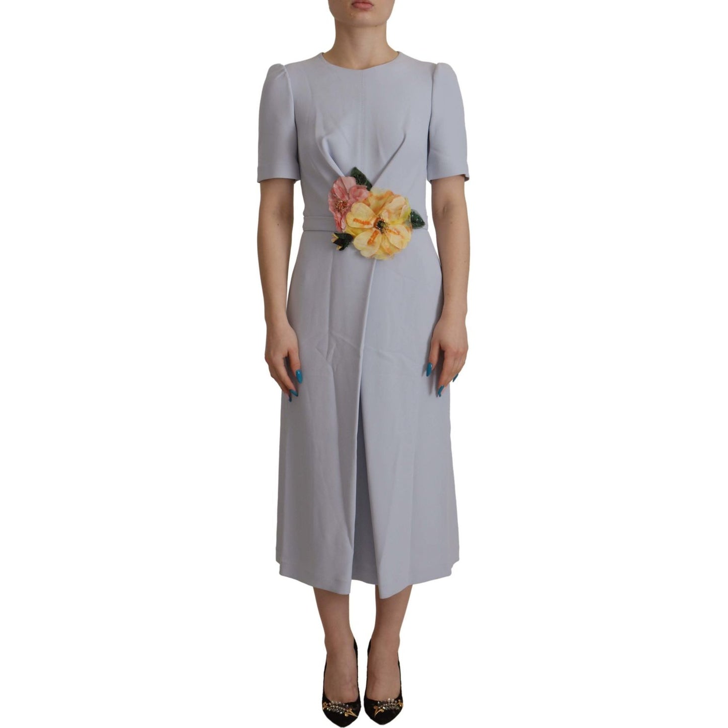 Dolce & Gabbana Blue Floral Applique Midi Viscose Dress