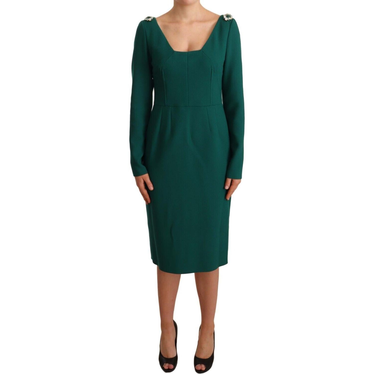 Dolce & Gabbana Emerald Green Midi Sheath Dress with Crystal Brooch