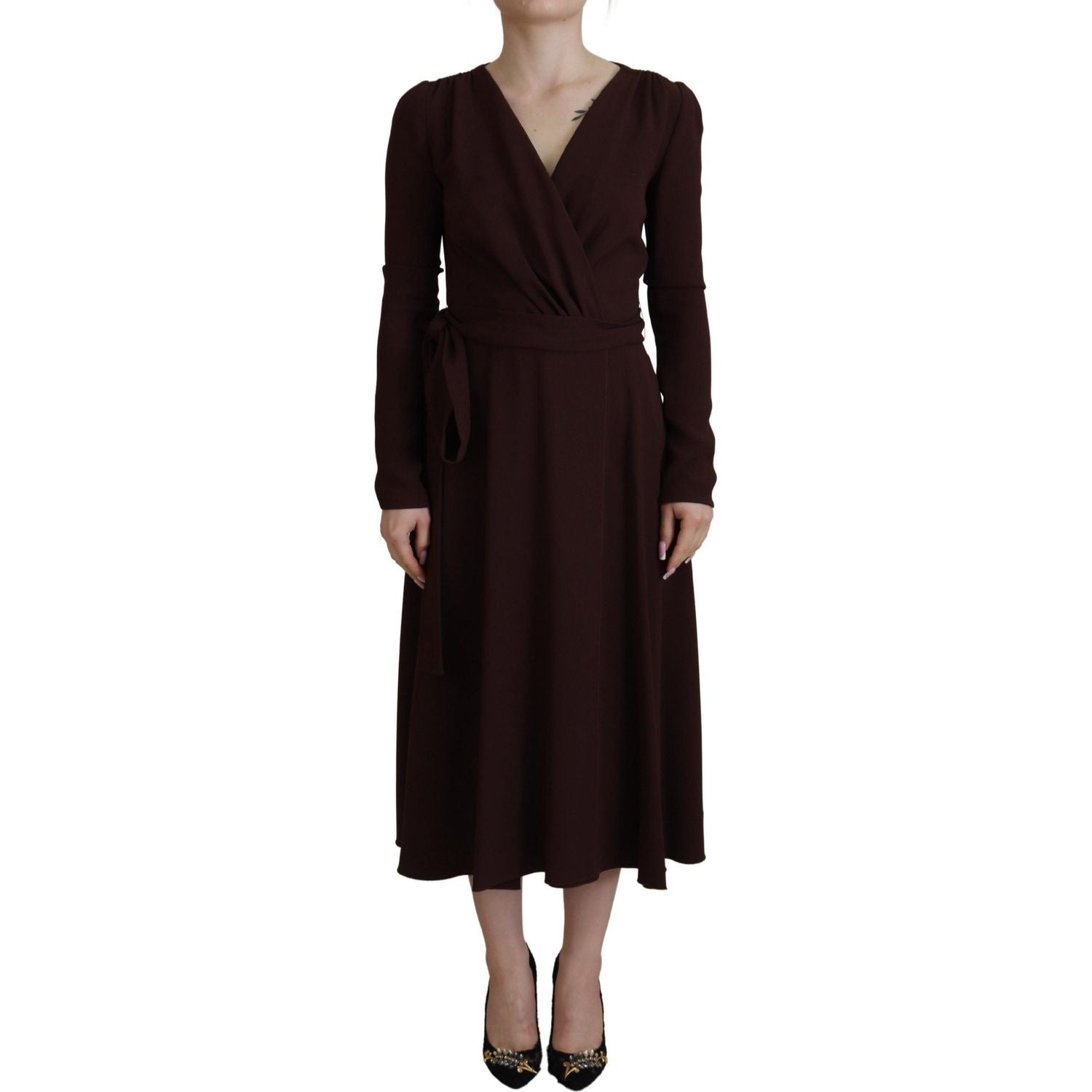 Dolce & Gabbana Brown Wrap Long Sleeve Midi Stretch Dress