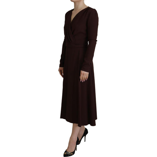 Elegant Brown Long Sleeve Wrap Dress