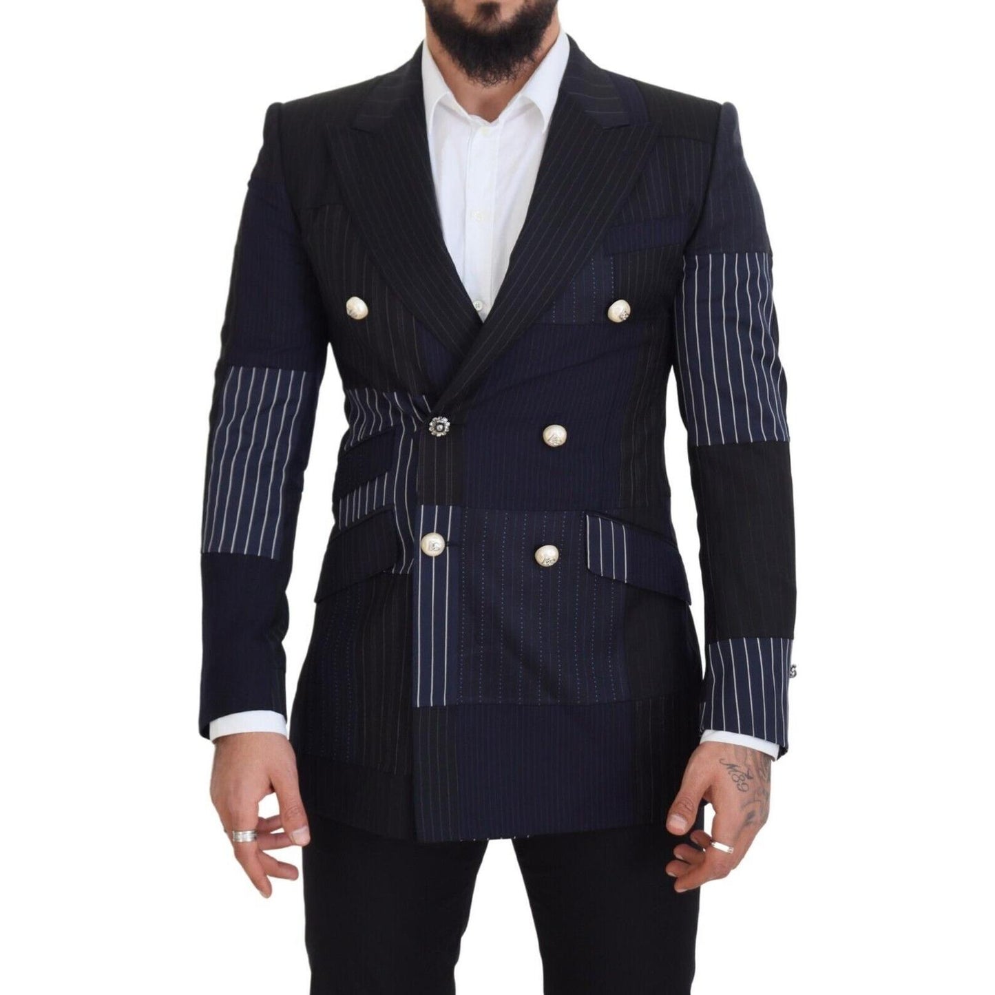 Dolce & Gabbana Blue Wool Patchwork Double Breasted Blazer