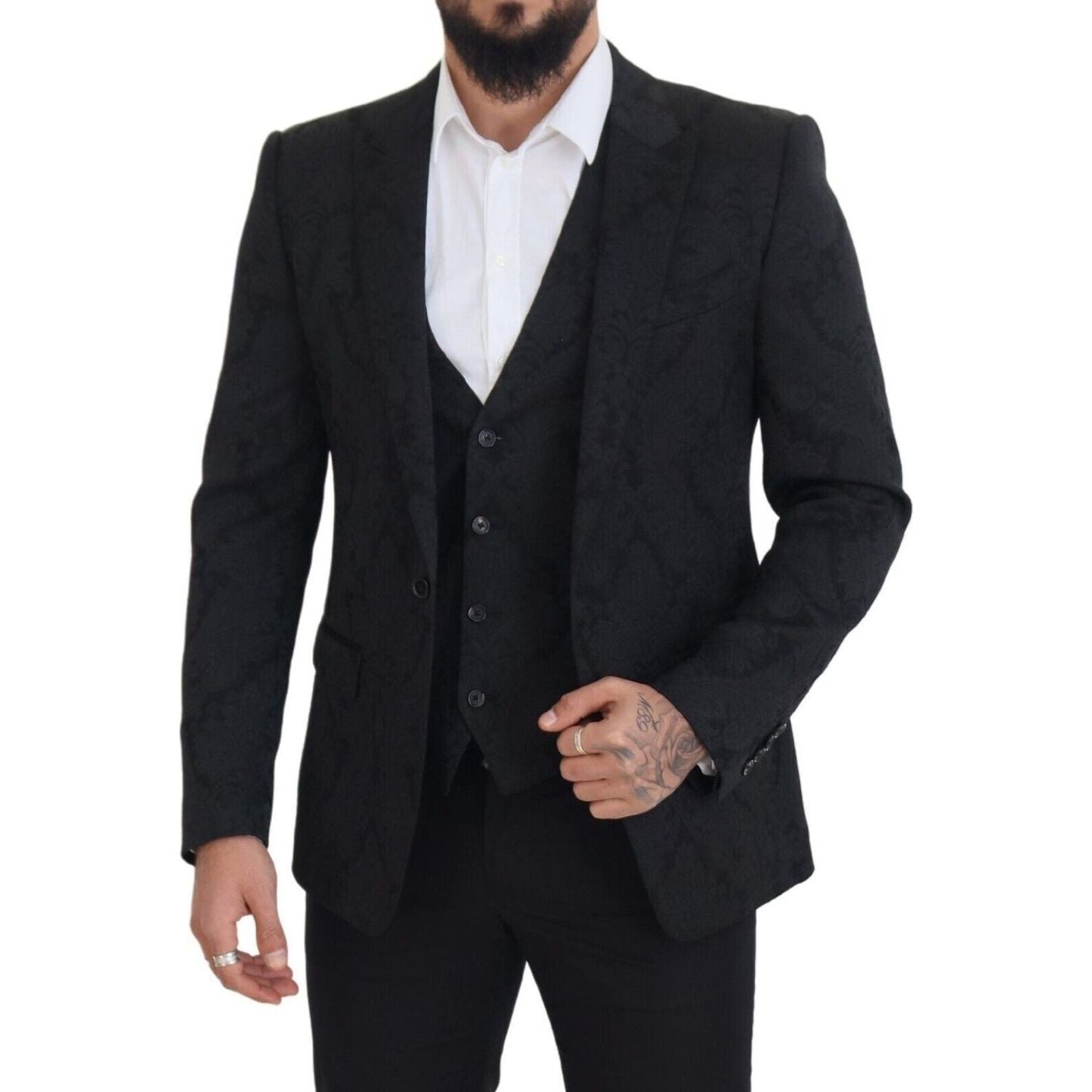 Dolce & Gabbana Black Floral Brocade 2 Piece MARTINI Suit