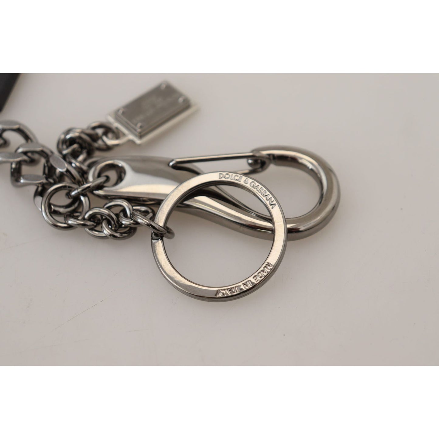 Dolce & Gabbana Black Prince Studs Logo Silver Brass Keychain