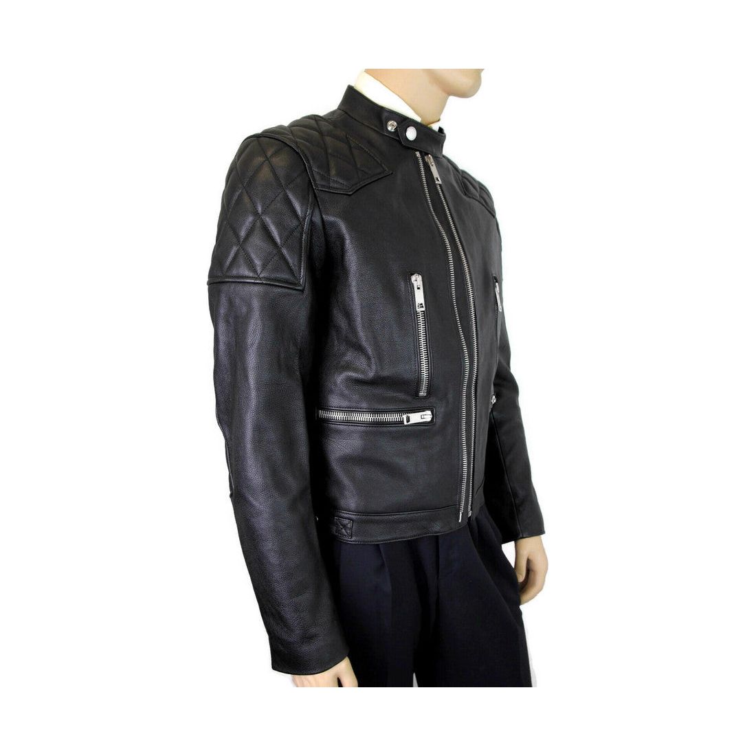 Burberry Men's Black Leather Diamond Quilted Biker Jacket Burberry