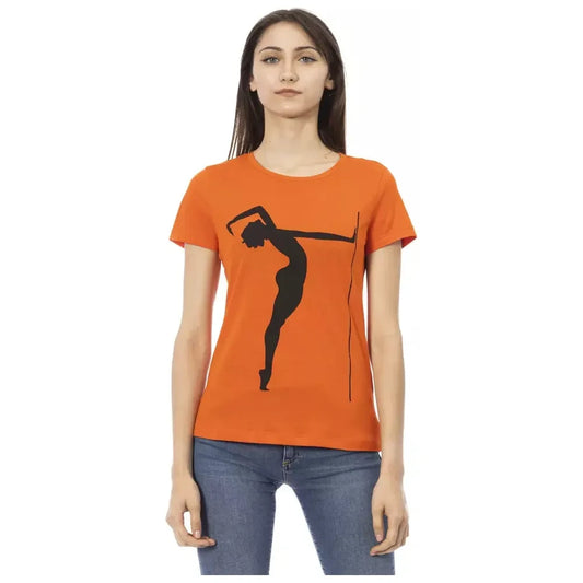 Chic Orange Round Neck Tee with Front Print