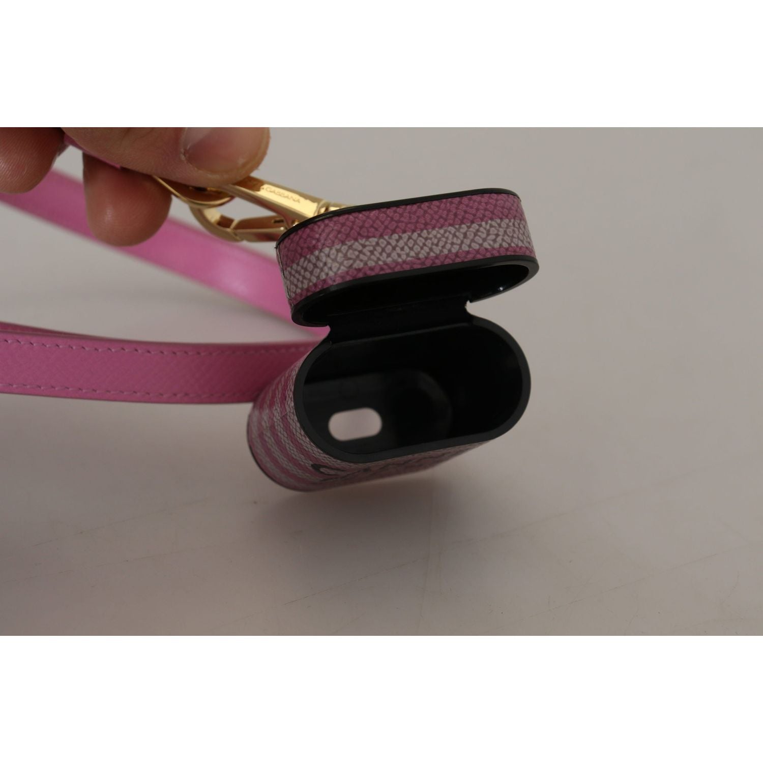 Dolce & Gabbana Pink Black Leather Strap Gold Metal Logo Airpods Case