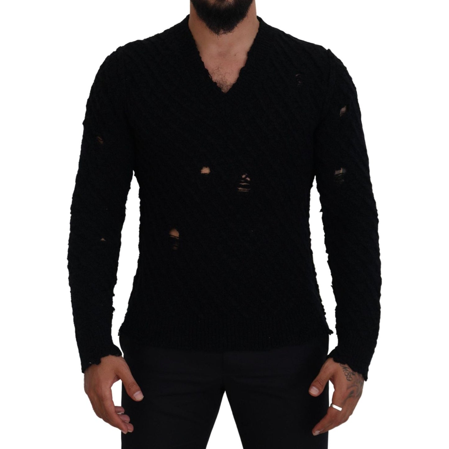 Dolce & Gabbana Black Wool V-neck Knitted Pullover Sweater