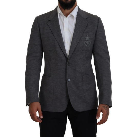 Dolce & Gabbana Elegant Gray Wool Blazer with Bee Crown Embroidery Dolce & Gabbana