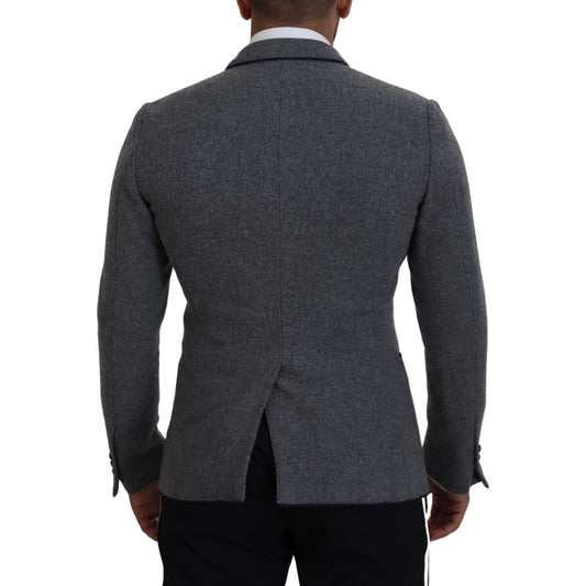 Dolce & Gabbana Elegant Gray Wool Blazer with Blue Rose Embroidery Dolce & Gabbana