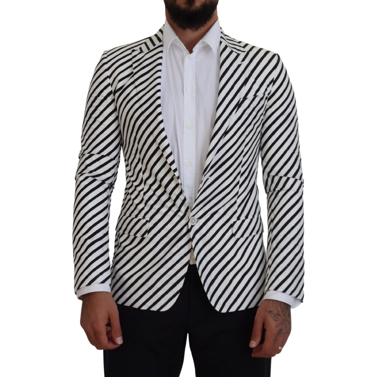 Dolce & Gabbana White Black Striped Slim Fit Jacket Blazer