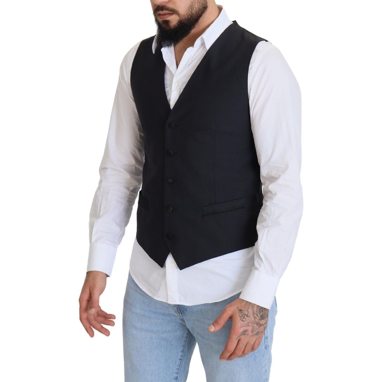 Dolce & Gabbana Black Wool Stretch Waistcoat Formal Vest