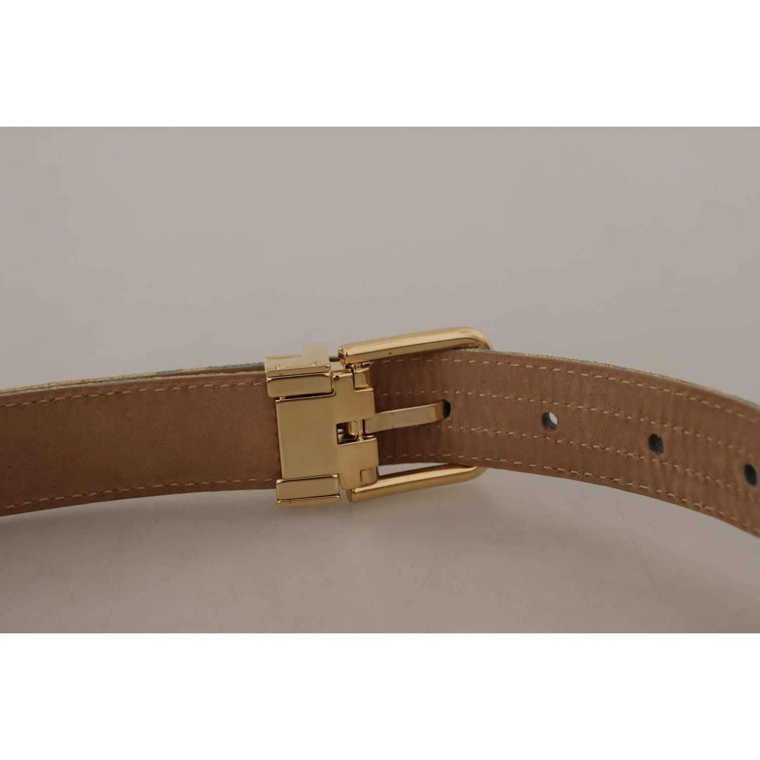 Dolce & Gabbana Blue Leather Jacquard Embossed Gold Metal Buckle Belt