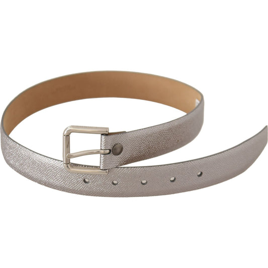 Dolce & Gabbana Elegant Silver Leather Belt with Engraved Buckle Dolce & Gabbana