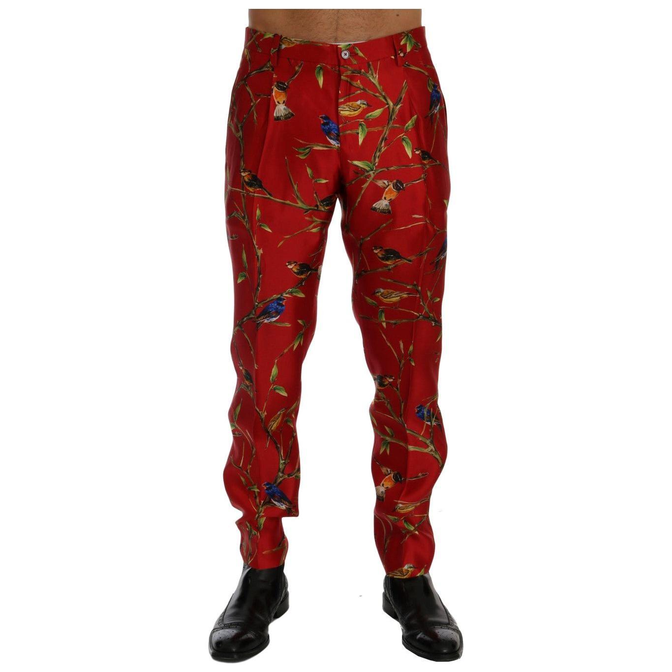 Dolce & Gabbana Red Silk Bird Print Dress Pants