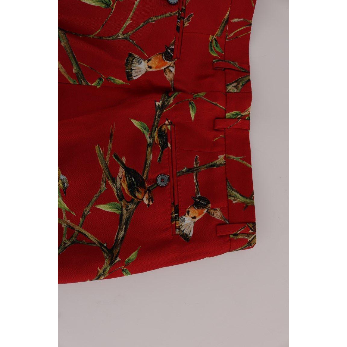 Dolce & Gabbana Elegant Silk Dress Trousers in Red Bird Print Dolce & Gabbana