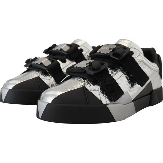 Dolce & Gabbana Exclusive Silver and Black Low Top Leather Sneakers Dolce & Gabbana