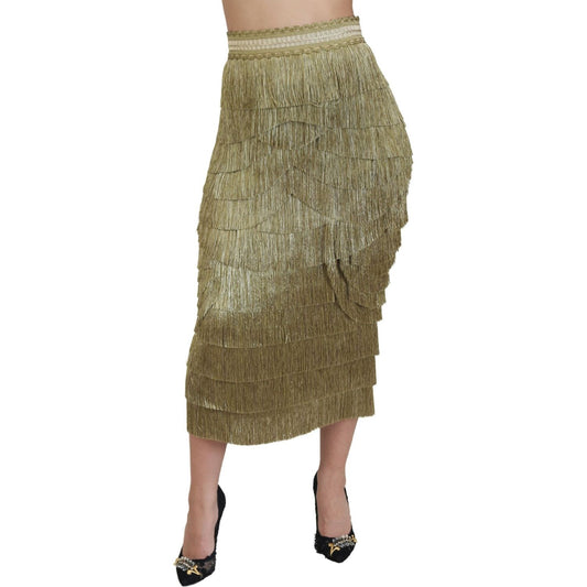 Golden High Waist Tiered Midi Skirt