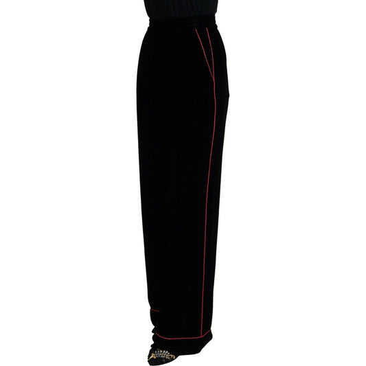 Dolce & Gabbana Sleek Black Velvet High-Waist Pants with Pink Stripes Dolce & Gabbana