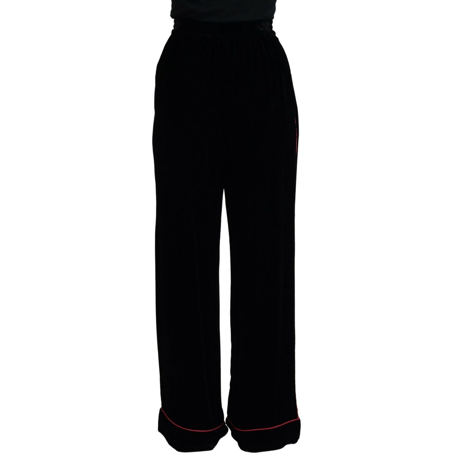 Dolce & Gabbana Sleek Black Velvet High-Waist Pants with Pink Stripes Dolce & Gabbana