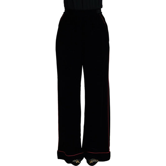 Dolce & Gabbana Sleek Black Velvet High-Waist Pants with Pink Stripes Dolce & Gabbana