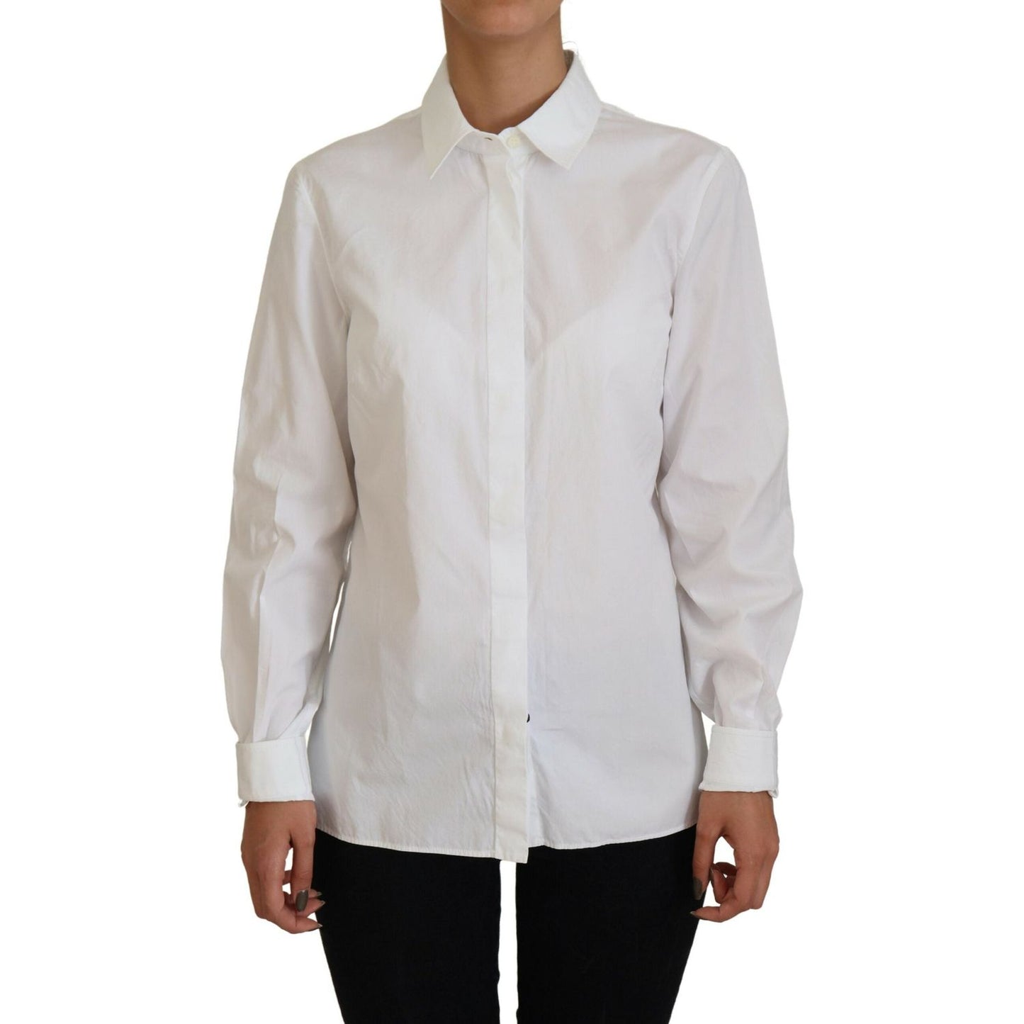 Dolce & Gabbana White Cotton Collared Long Sleeves Formal Top