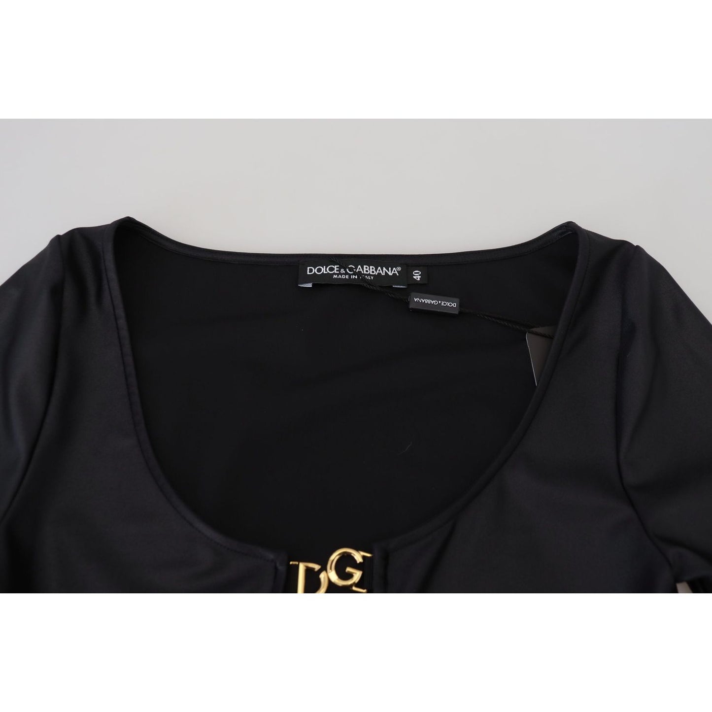 Dolce & Gabbana Elegant Black 3/4 Sleeve Top with Gold Detailing Dolce & Gabbana