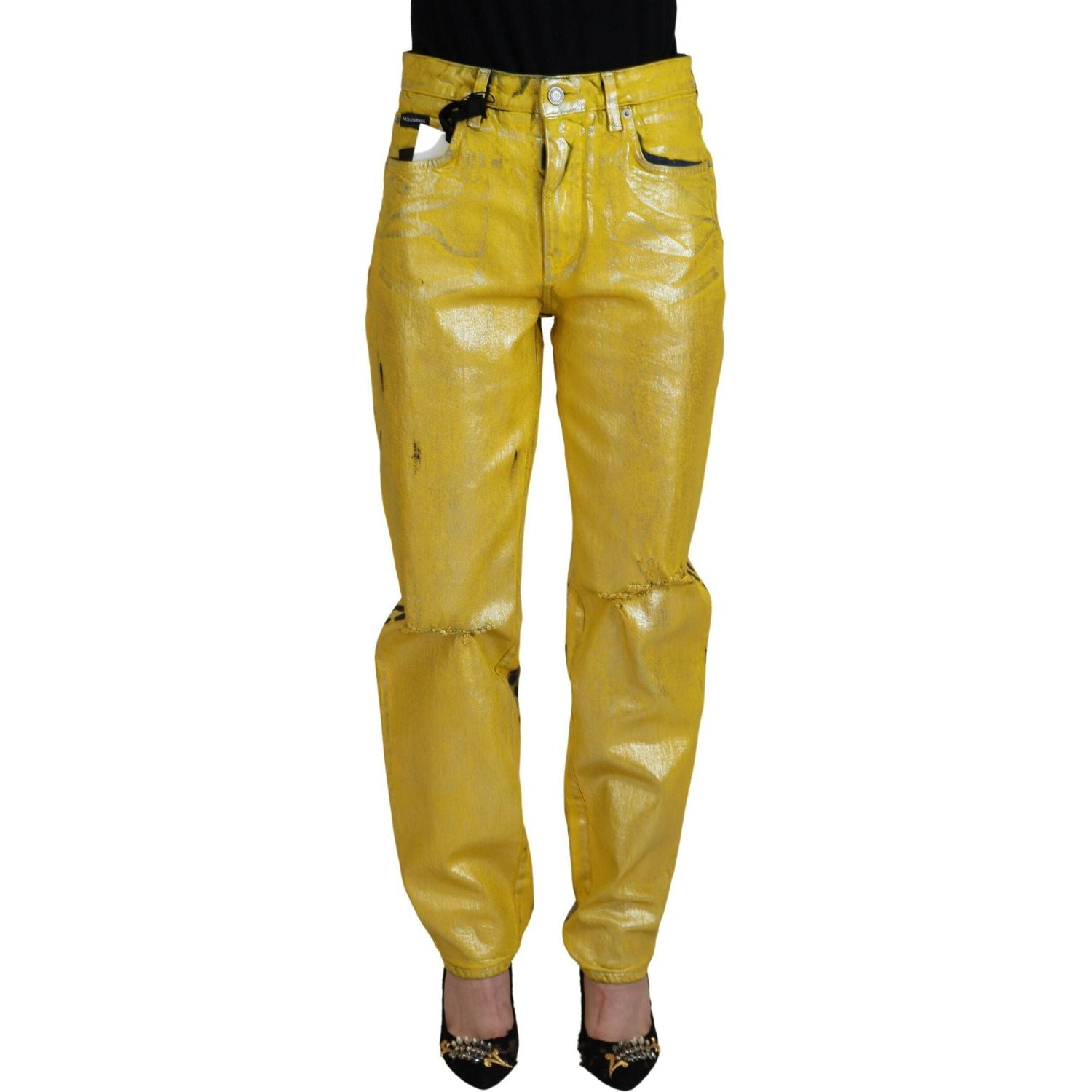 Dolce & Gabbana Yellow Leopard Cotton Straight Denim Jeans