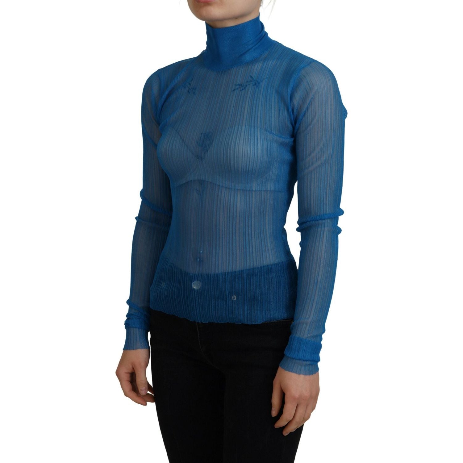 Dolce & Gabbana Blue Mesh Turtleneck Long Sleeve Blouse Top