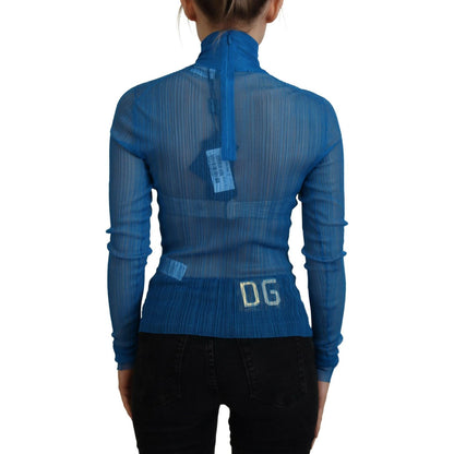 Dolce & Gabbana Blue Mesh Turtleneck Long Sleeve Blouse Top