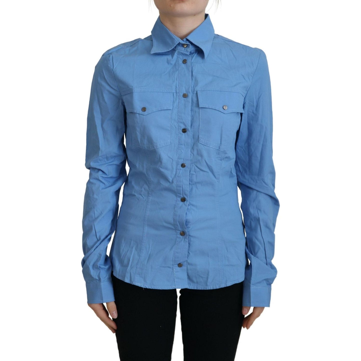 Ferre Blue Cotton Long Sleeves Collared Button Down Top 1728,67345645728,Blouses - Shirts - Clothing,Blue,Clothing,Ferre,IT38|XS,Material: 100% Cotton,New with tags,Shirts - Clothing,Tops & T-Shirts - Women - Clothing,Women,Women - Clothing
