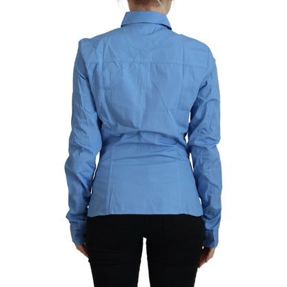 Ferre Blue Cotton Long Sleeves Collared Button Down Top 1728,67345645728,Blouses - Shirts - Clothing,Blue,Clothing,Ferre,IT38|XS,Material: 100% Cotton,New with tags,Shirts - Clothing,Tops & T-Shirts - Women - Clothing,Women,Women - Clothing