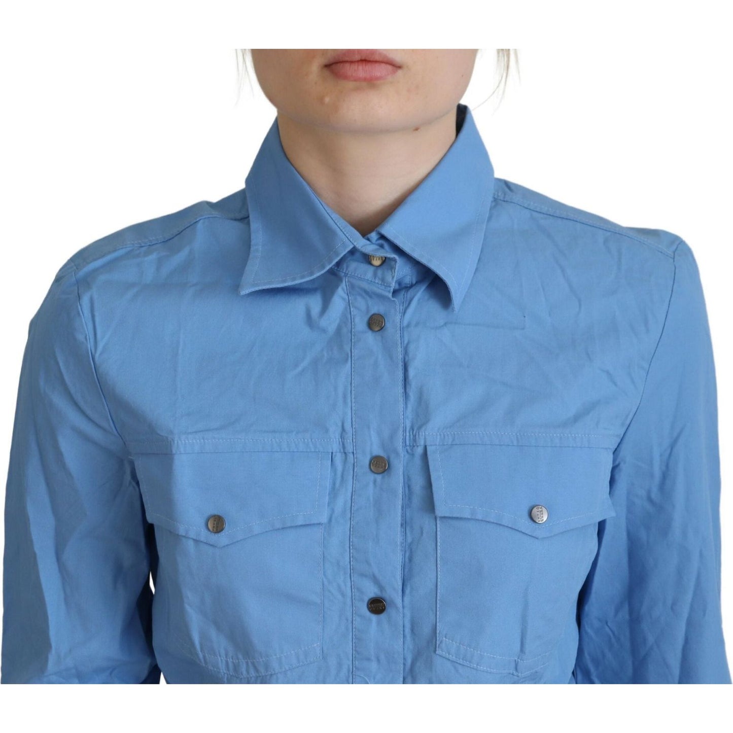 Ferre Blue Cotton Long Sleeves Collared Button Down Top 1728,67345645728,Blouses - Shirts - Clothing,Blue,Clothing,Ferre,IT38|XS,Material: 100% Cotton,New with tags,Shirts - Clothing,Tops & T-Shirts - Women - Clothing,Women,Women - Clothing