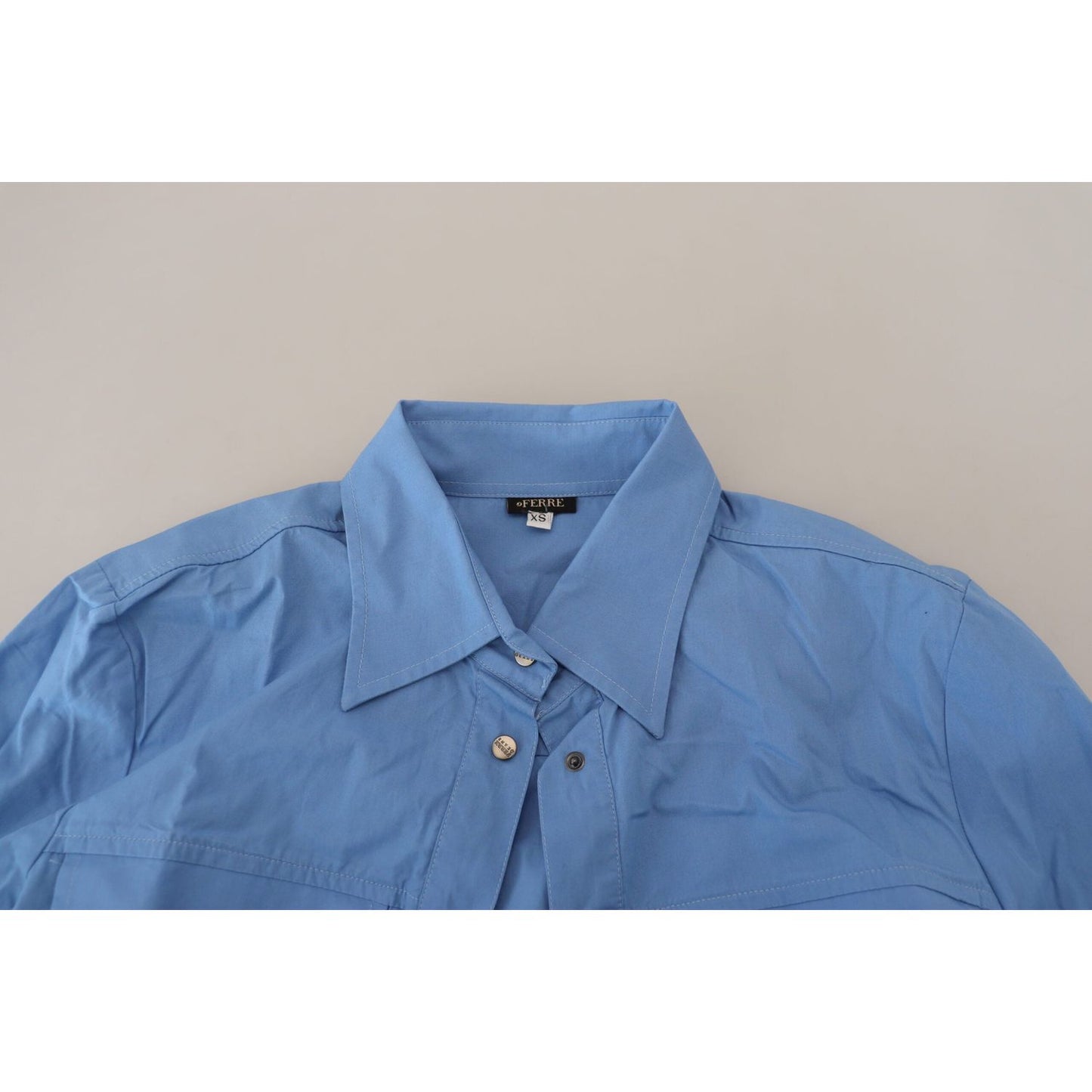 Ferre Blue Cotton Long Sleeves Collared Button Down Top 1728,67345645728,Blouses - Shirts - Clothing,Blue,Clothing,Ferre,IT38|XS,Material: 100% Cotton,New with tags,Shirts - Clothing,Tops & T-Shirts - Women - Clothing,Women,Women - Clothing