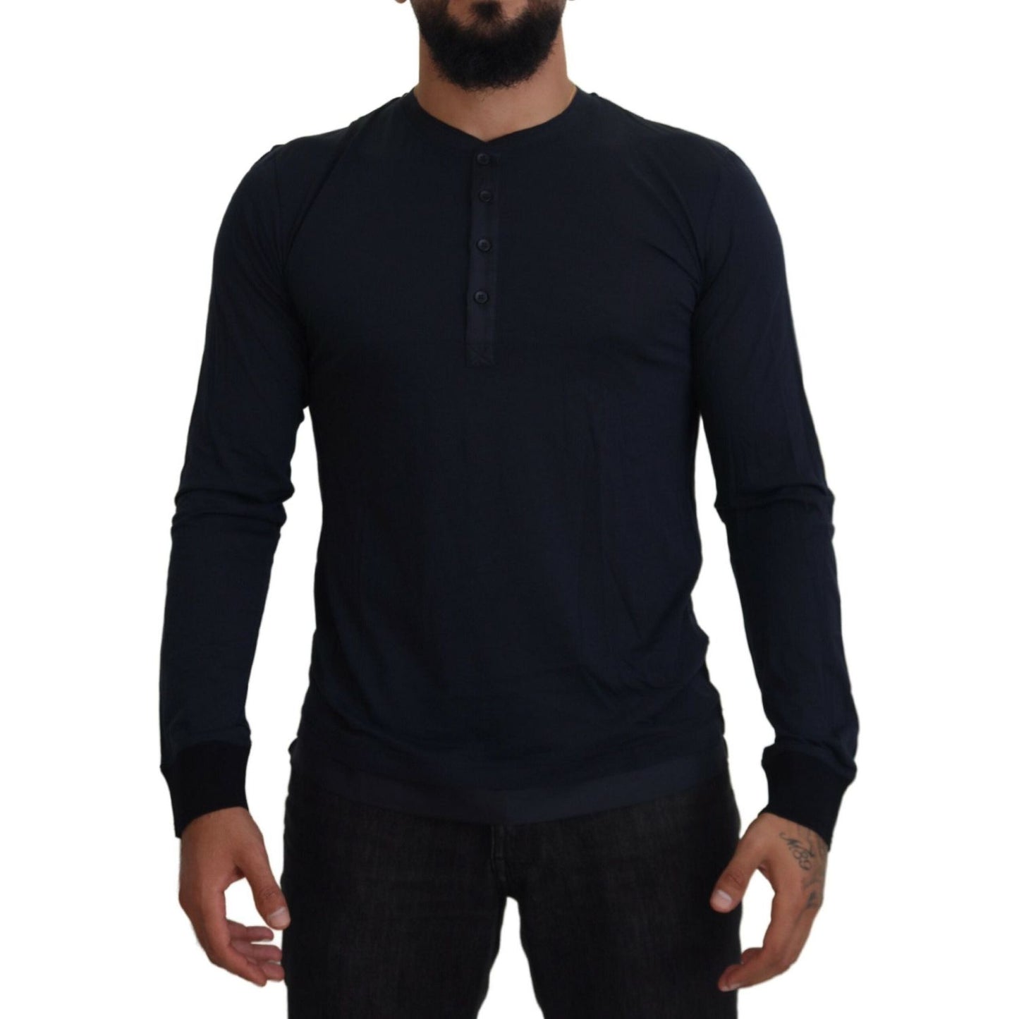 Dolce & Gabbana Blue Cotton Button Crewneck Pullover Sweater