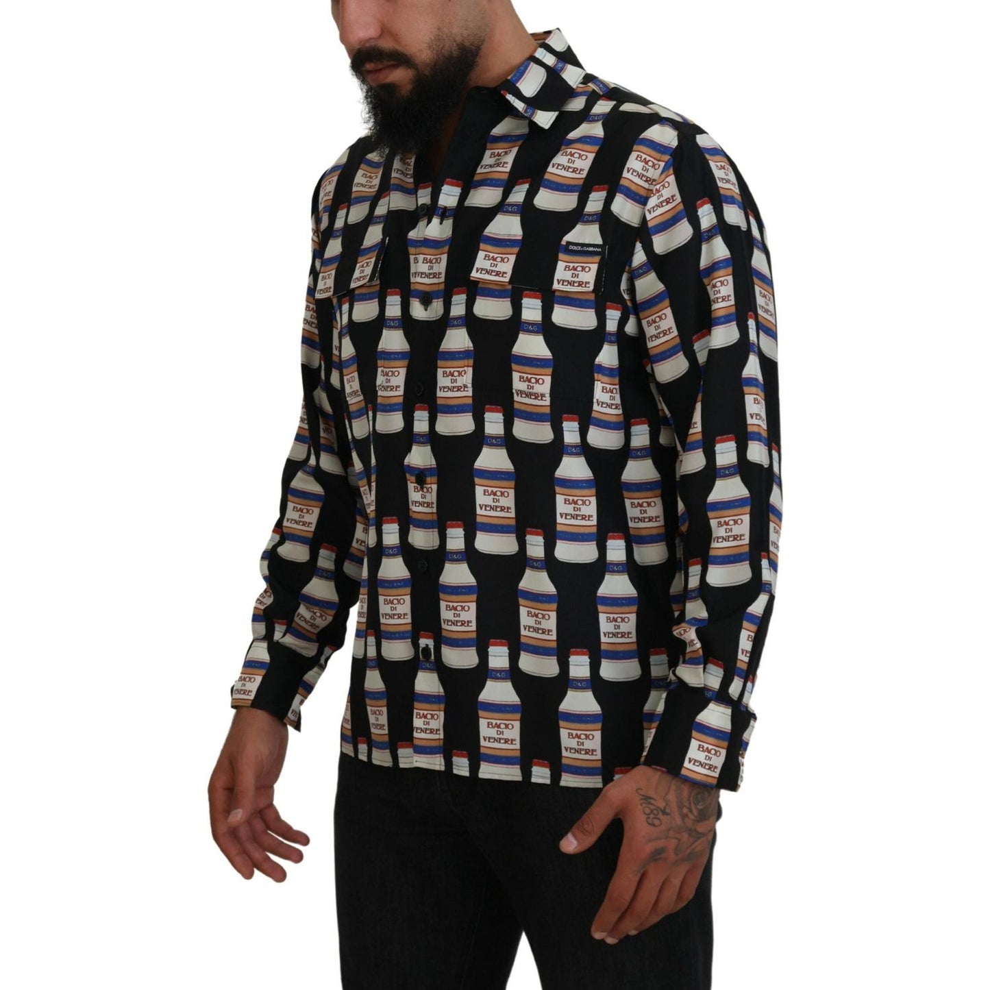Dolce & Gabbana Black Silk Printed Collared Men Casual Shirt