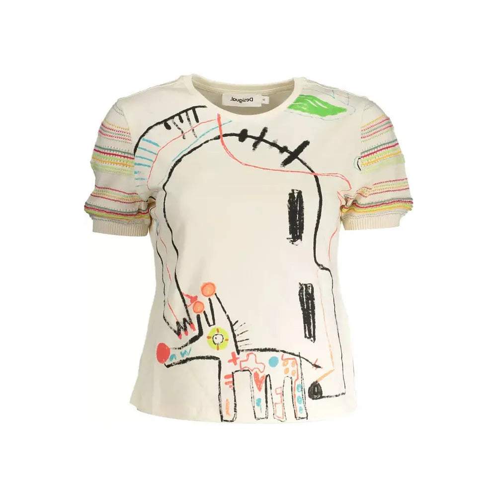 Chic Desigual Printed White Tee with Contrasting Accents Desigual