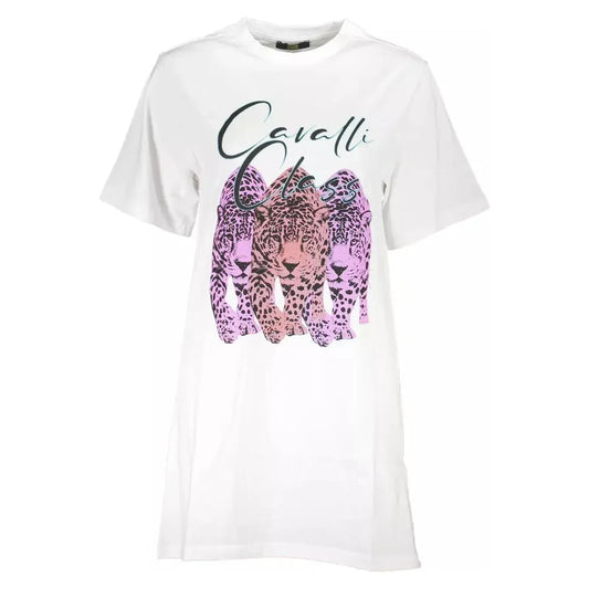 Cavalli Class Chic White Cotton Dress with Iconic Print Cavalli Class